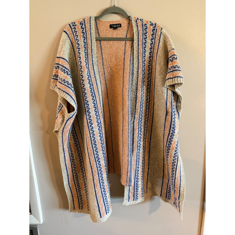 Timing Womens M/L Open Front Knit Cardigan Geometric Stripe  Sleeve Poncho Aztec